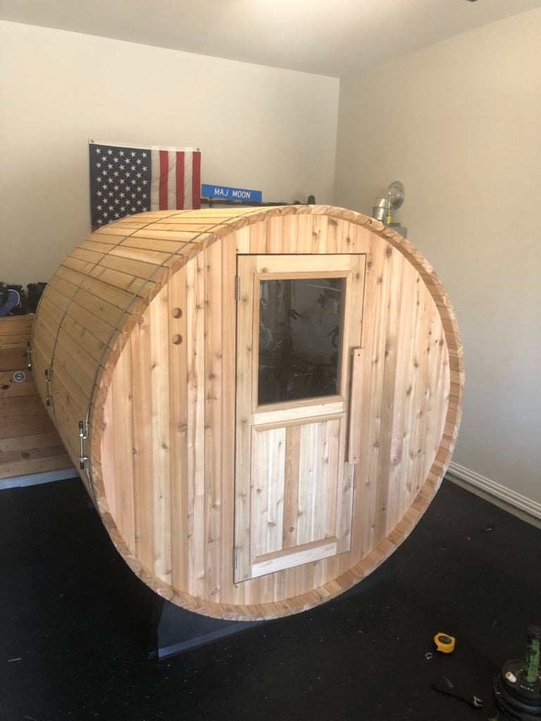 garage gym, barrel sauna